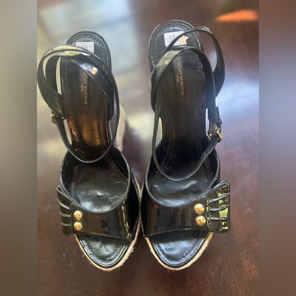 Louis Vuitton black sling back sandal wedge heels size 39 bow - Picture 5 of 8